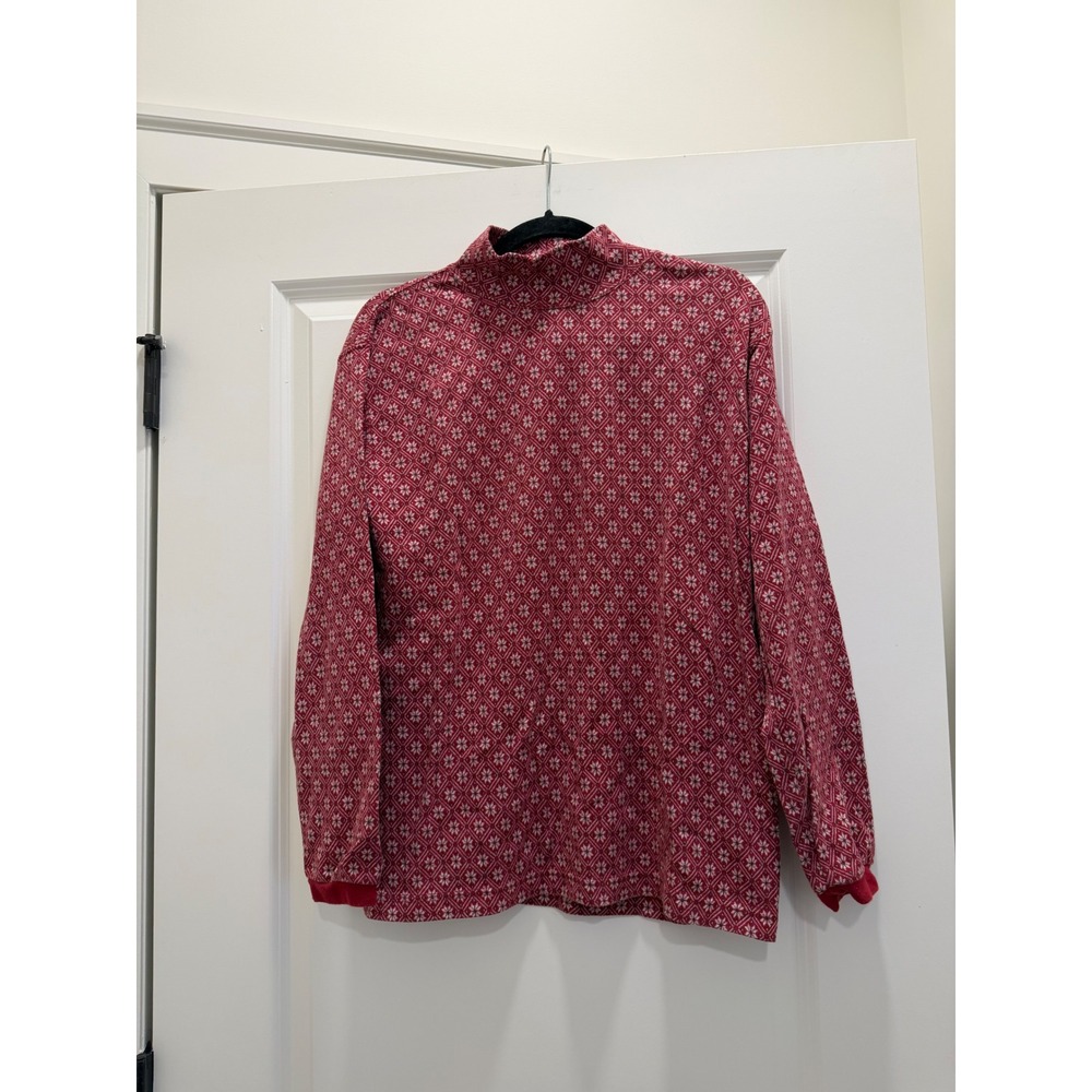 Vintage LL Bean Mock Neck Top Red Fair Isle Winter Cotton USA Womens Medium